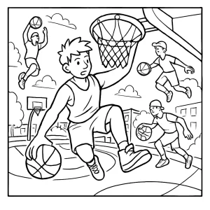Street basketbal triková scéna vo fisheye pohľade – omalovánka na vytlačenie pre deti