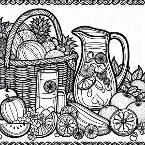 Letný piknik s ovocím a limonádou omalovánka na vyfarbenie pre deti