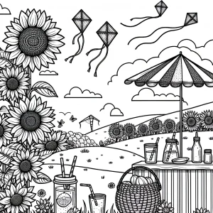 Piknik v slnečnicovom poli s limonádovým stánkom a šarkanmi – omalovánka coloring page pre deti zdarma