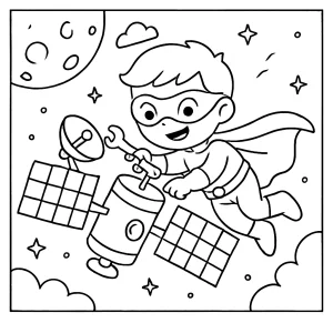 Superhrdina dieťa opravuje satelit omalovánka – coloring page na vytlačenie pre deti