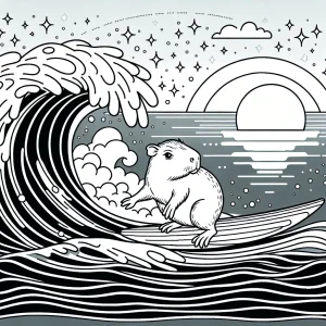 Surfujúca kapybara omalovánka – coloring page kapybary na bioluminiscenčnej vlne pri západe slnka na vyfarbenie