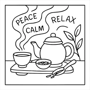 Čajový obrad s parou tvoriacou mantry - omalovánka na vytlačenie, coloring page pre deti a dospelých