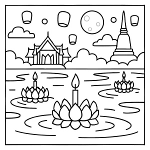 Loi Krathong festival v Thajsku – omalovánka s plávajúcimi svetlami na rieke, coloring page na vytlačenie