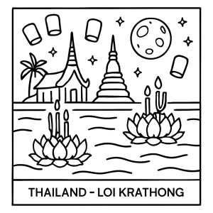 Loi Krathong omalovánka – plávajúce krathongy a lampióny na rieke, thajský festival, coloring page na vyfarbenie