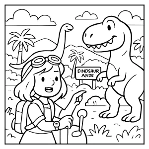 Omaľovánka dievča cestuje časom a navštevuje dinopark s dinosaurami na vyfarbenie