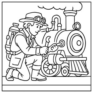 Cestovateľ v čase opravuje parný stroj - omalovánka, coloring page pre deti zdarma na vytlačenie