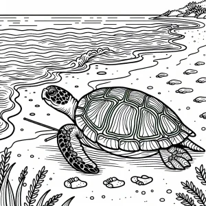 Korytnačka na pláži omalovánka - coloring page s korytnačkou, mušľami a morskými vlnami na vyfarbenie