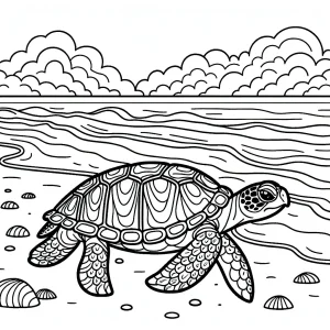 Omalovánka korytnačka na pláži – coloring page s korytnačkou kráčajúcou po piesku pri mori