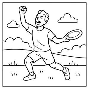 Ultimate Frisbee athlete victory celebration coloring page – omaľovánka športovca pri oslave víťazstva