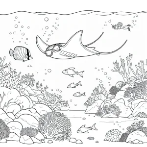 Šnorchlovanie s mantou – omalovánka na vytlačenie, podmorská scéna s potápačom, mantou a koralmi, coloring page pre deti