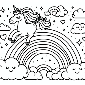 Omalovánka jednorožec skáčuci cez dúhové oblaky – unicorn coloring page