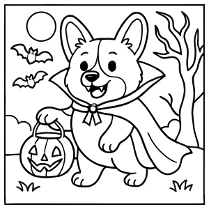 Omalovánka corgiho v upírskom zamatovom plášti na Halloweene na vytlačenie