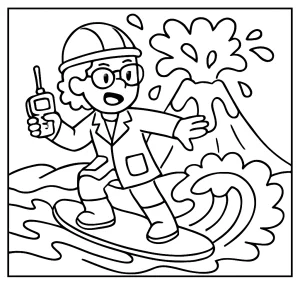 Vulkanológ surfujúci na láve, omalovánka pre deti, coloring page zdarma na vyfarbenie