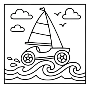 Plachetné auto preskakujúce vlny omalovánka - coloring page pre deti na vytlačenie