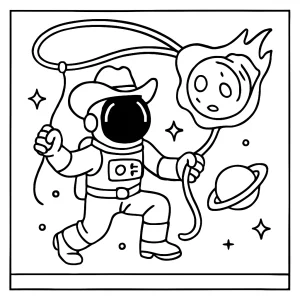 Omalovánka s kozmonautom z Divokého západu, ktorý lasuje kométu vo vesmíre, coloring page na vyfarbenie pre deti
