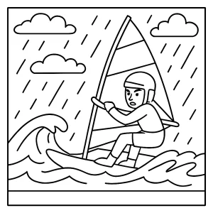 Windsurfista v daždi – športová omalovánka, coloring page na vyfarbenie pre deti