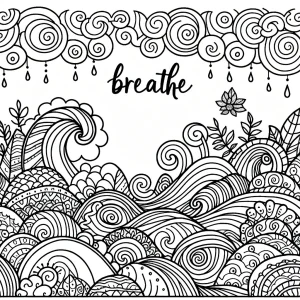 Zen Doodle vlny omalovánka na vytlačenie s afirmáciou Dýchaj, antistresová coloring page pre deti a dospelých