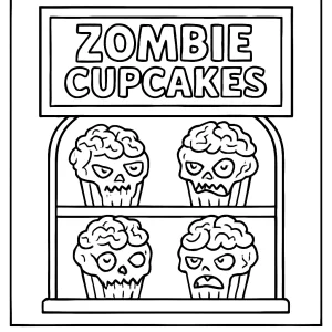 Zombie cupcake bakery display with icing brains coloring page omalovánka na vyfarbenie